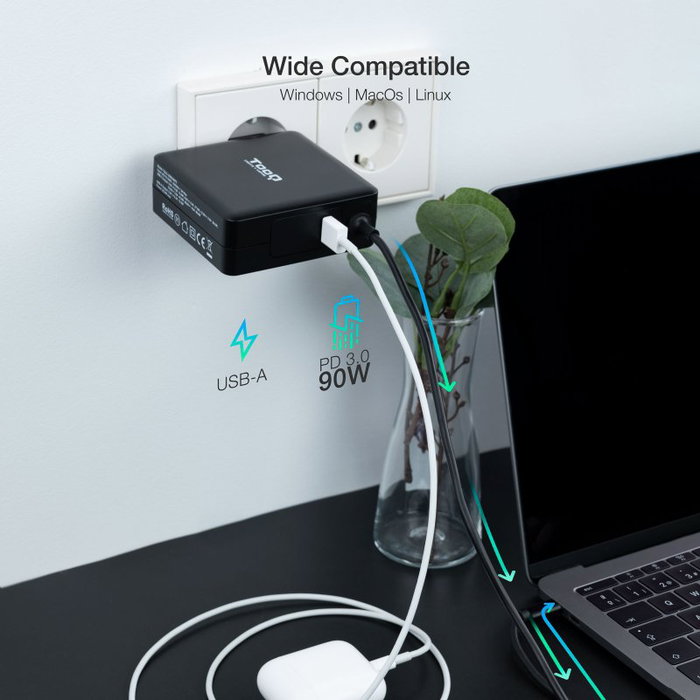 TooQ Cargador de Portátil 90W USB-C Power Delivery PD 3.0, Salida: 5-20V, Conector USB-A, Automático, para Mac, CE FCC RoHS (TQLC-USBC90PD)